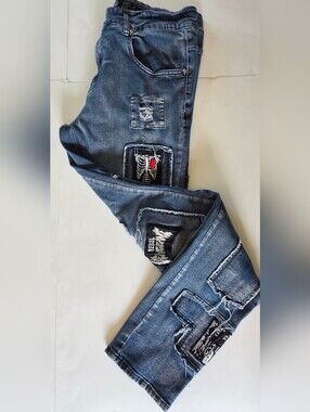 Rebel Vengeance Jeans Y2K Mall Goth Skeleton Distressed Patchwork Skull Mens 32